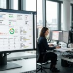 Logistik-Dashboard und Datenexperten bei der Skalierung eines KI-Piloten in einem modernen Büro für Prozessvalidierung.