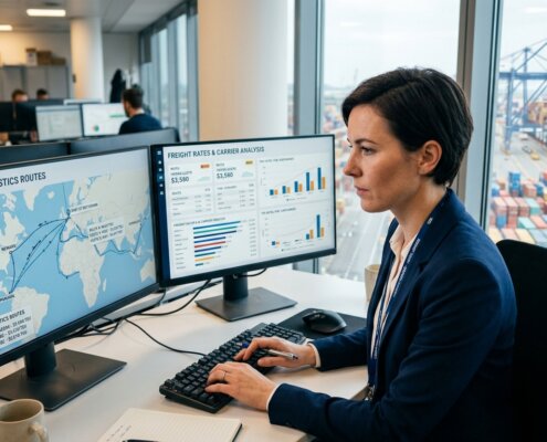 Logistics manager analyzes shipping routes on dual monitors to resolve ocean freight rate discrepancies in a port office.