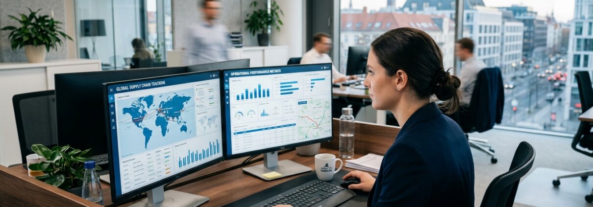 Ein Logistikexperte analysiert Daten auf Bildschirmen, um das Risiko von Spreadsheets in Seefrachtkalkulationen zu minimieren.
