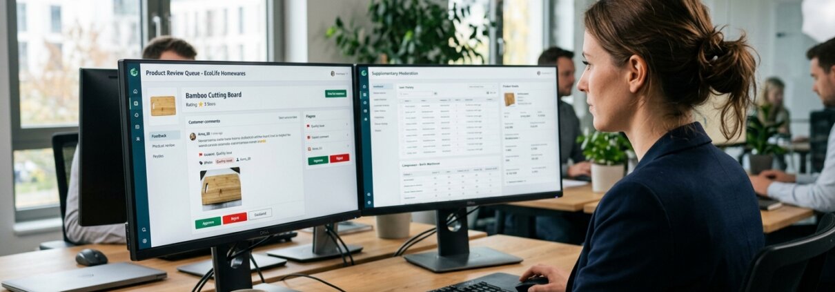Moderation professional reviewing product reviews on dual monitors; ideal when outsourcing product review moderation.