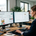 Moderation professional reviewing product reviews on dual monitors; ideal when outsourcing product review moderation.