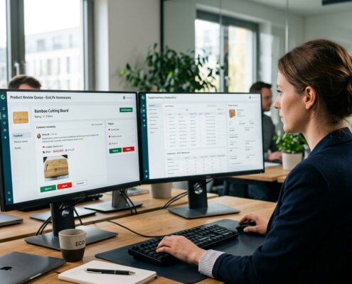 Moderation professional reviewing product reviews on dual monitors; ideal when outsourcing product review moderation.