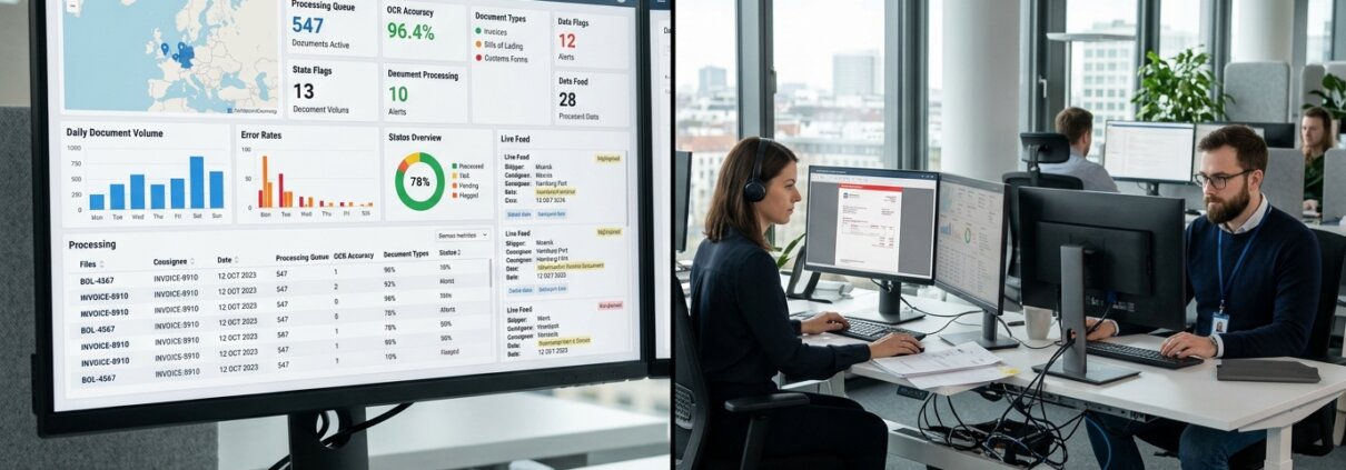 Logistics dashboard and data specialists scaling an AI pilot in a modern office for process validation.