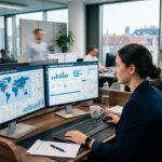 Logistics professional analyzing data on screens to mitigate spreadsheet risks in ocean freight calculations.