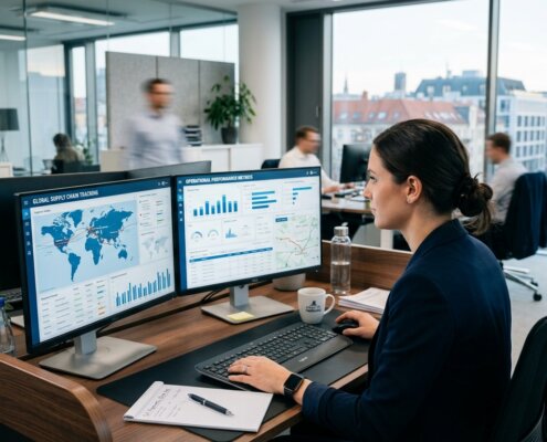 Logistics professional analyzing data on screens to mitigate spreadsheet risks in ocean freight calculations.