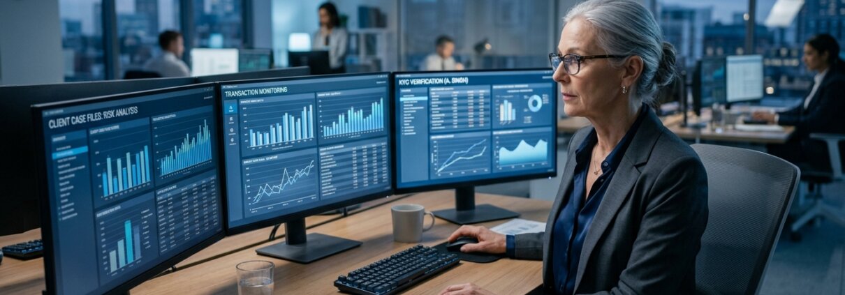 Compliance officer analyzing data on screens to map out the periodic KYC review backlog.