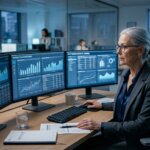 Compliance officer analyzing data on screens to map out the periodic KYC review backlog.