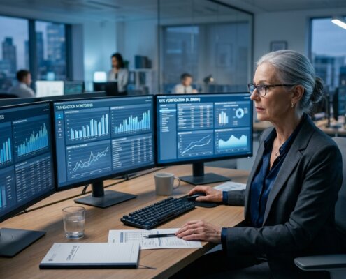 Compliance officer analyzing data on screens to map out the periodic KYC review backlog.