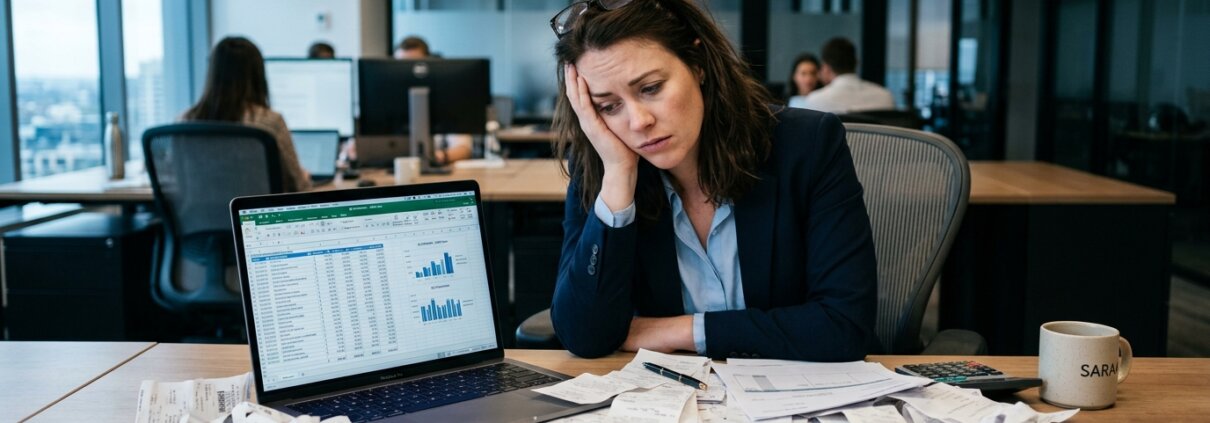 Ein frustrierter Finanzexperte sitzt vor einem Stapel Belege für den Monatsabschluss der Spesenabrechnungen in einem modernen Büro.