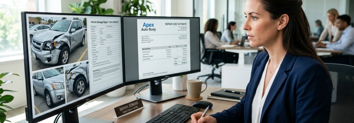 Professioneel autoschade claims verwerken met dubbele schermen in een modern kantoor voor efficiënt schadeherstel.