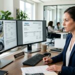 Professioneel autoschade claims verwerken met dubbele schermen in een modern kantoor voor efficiënt schadeherstel.