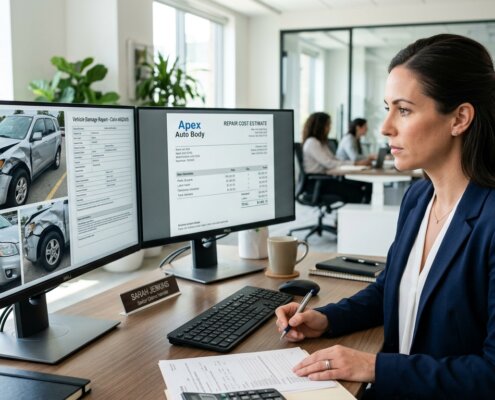 Professioneel autoschade claims verwerken met dubbele schermen in een modern kantoor voor efficiënt schadeherstel.