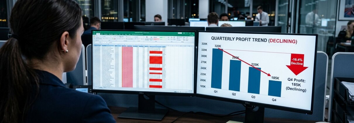 Analist bekijkt e-commerce spreadsheets met rode fouten en dalende winstgrafiek door SKU matching problemen.