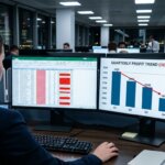 Analist bekijkt e-commerce spreadsheets met rode fouten en dalende winstgrafiek door SKU matching problemen.