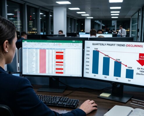 Analist bekijkt e-commerce spreadsheets met rode fouten en dalende winstgrafiek door SKU matching problemen.